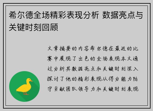 希尔德全场精彩表现分析 数据亮点与关键时刻回顾